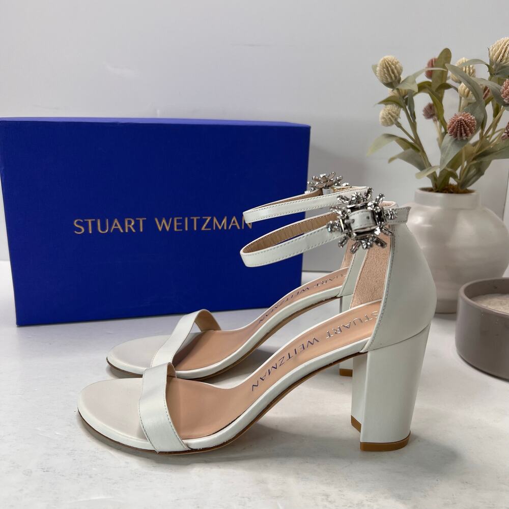 Stuart Weitzman Nearlynude Leather Snowflake Gem Buckle Sandal White Women 8